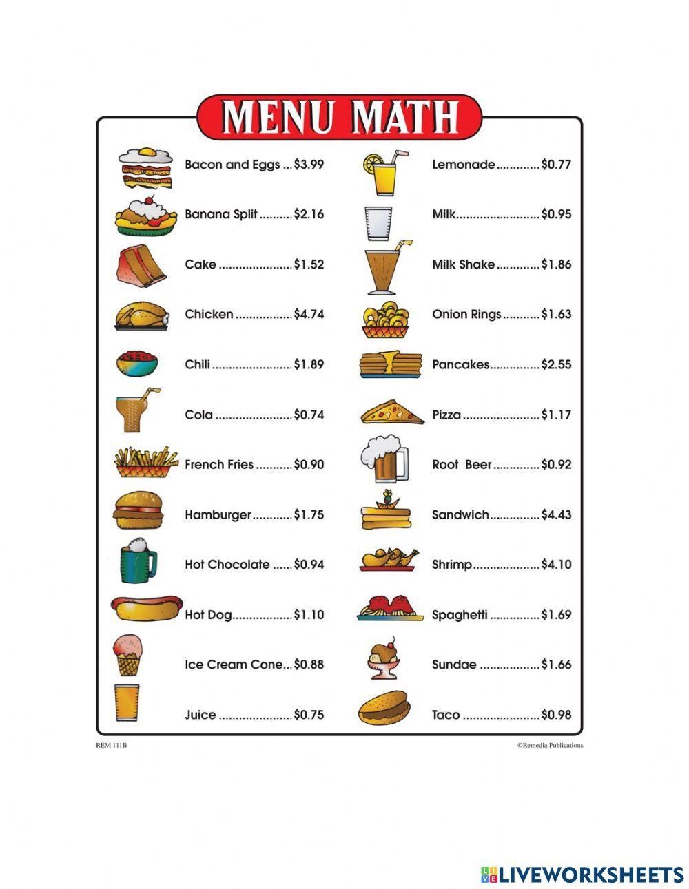 math menu worksheets