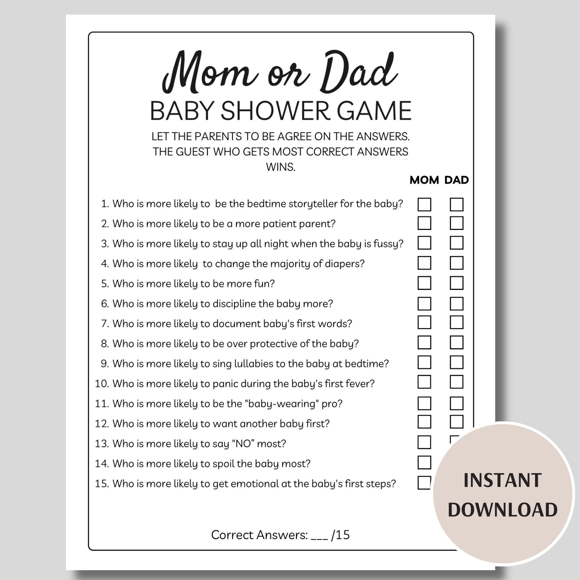 Mom Or Dad Baby Shower Game Printable Baby Shower Mom Or Dad Game 