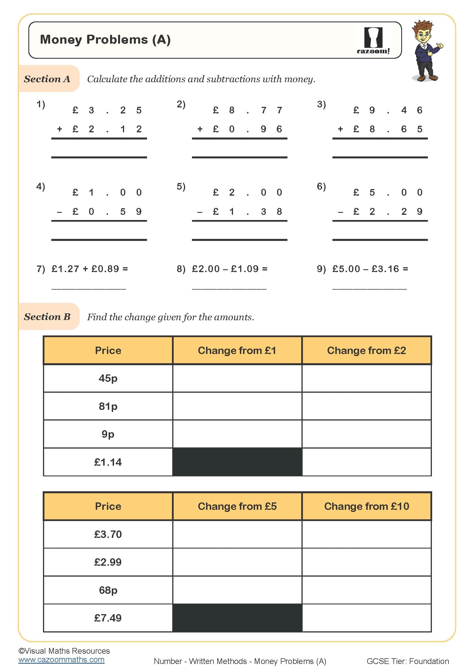 Money Problems A Worksheet Printable PDF Worksheets