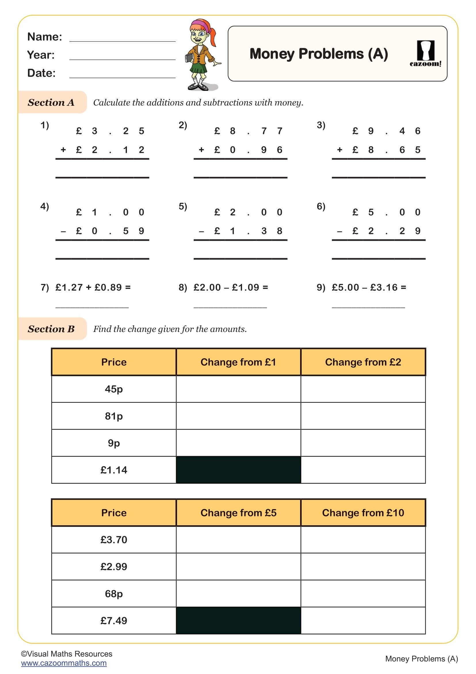 Money Problems Worksheet PDF Printable Number Worksheets