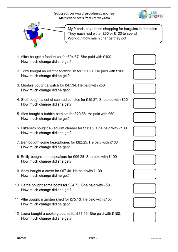 money problems maths worksheet