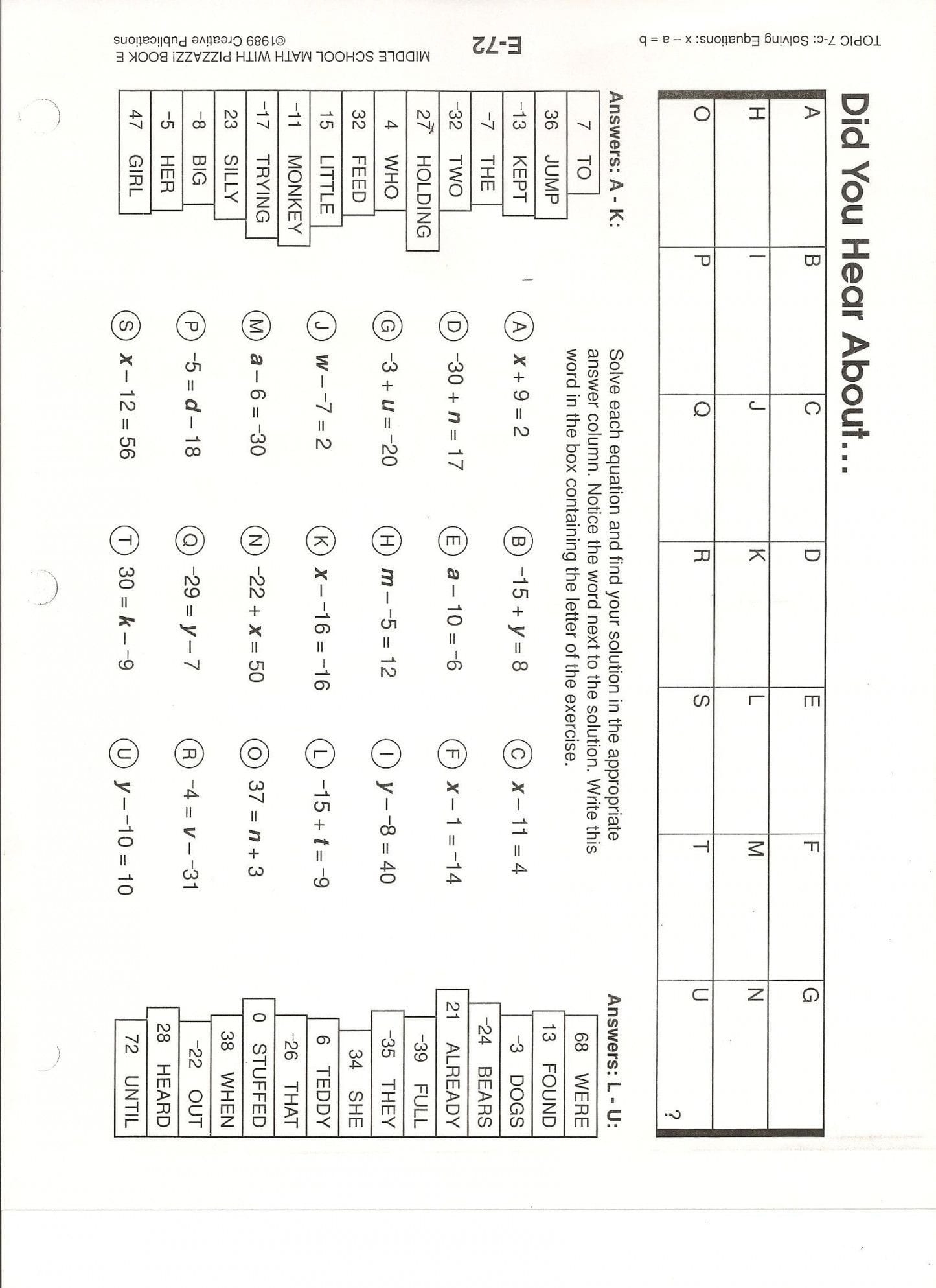 did you hear about elimination math worksheet