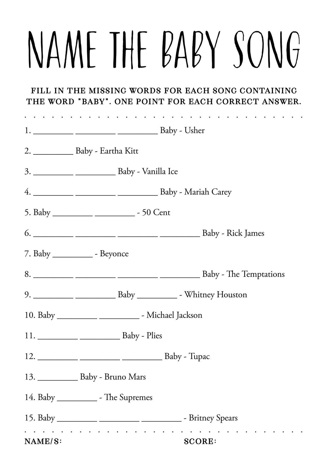 Name That Baby Song Game printable Baby Shower Game baby Song Guessing 