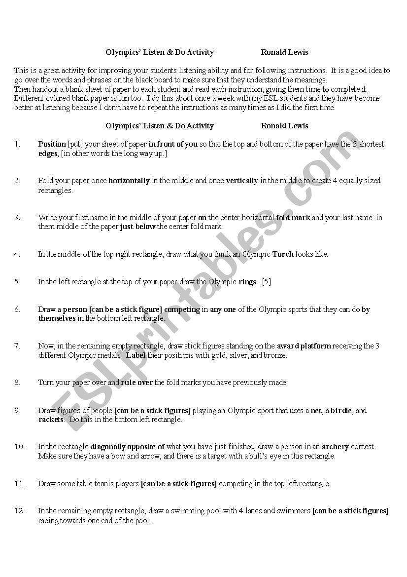 Olympics Listen Do ESL Worksheet By Lewisronaldc