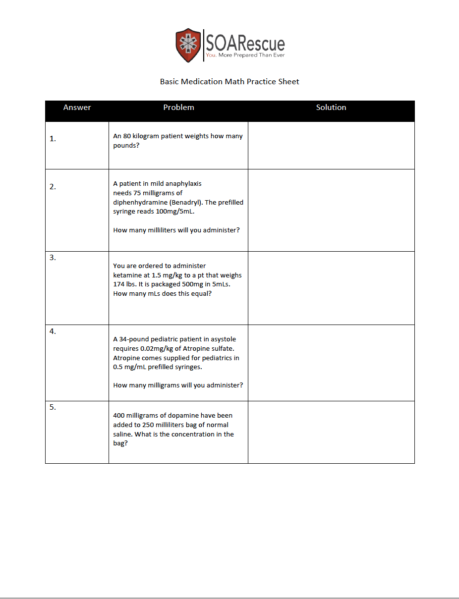 Paramedic Med Math Practice Worksheets With Answers Printable 