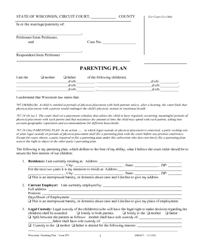 Parenting Plan Template Wisconsin Edit Fill Sign Online Handypdf