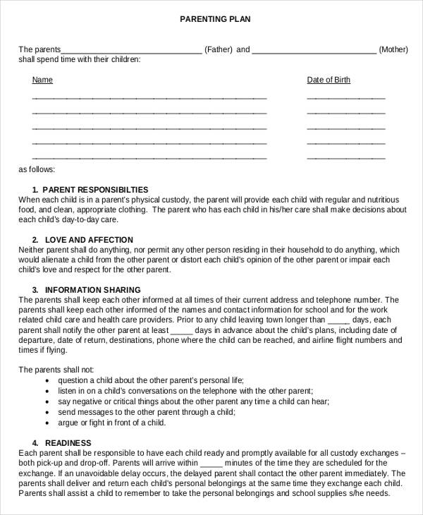 parenting plan templates