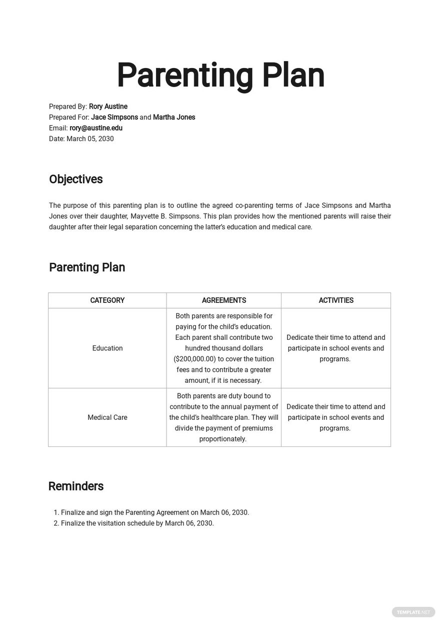 Parenting Plans In Word Templates Designs Docs Free Downloads