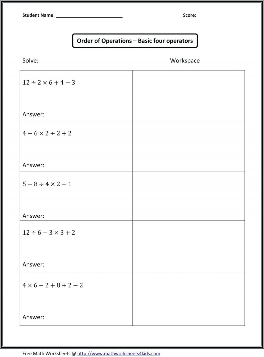 math pemdas worksheets