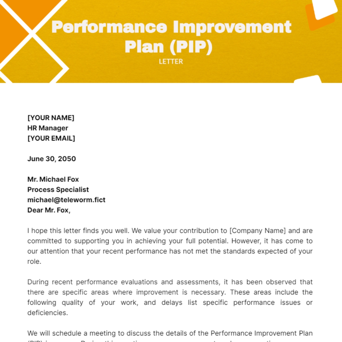 Performance Improvement Plan PIP Letter Template Edit Online 
