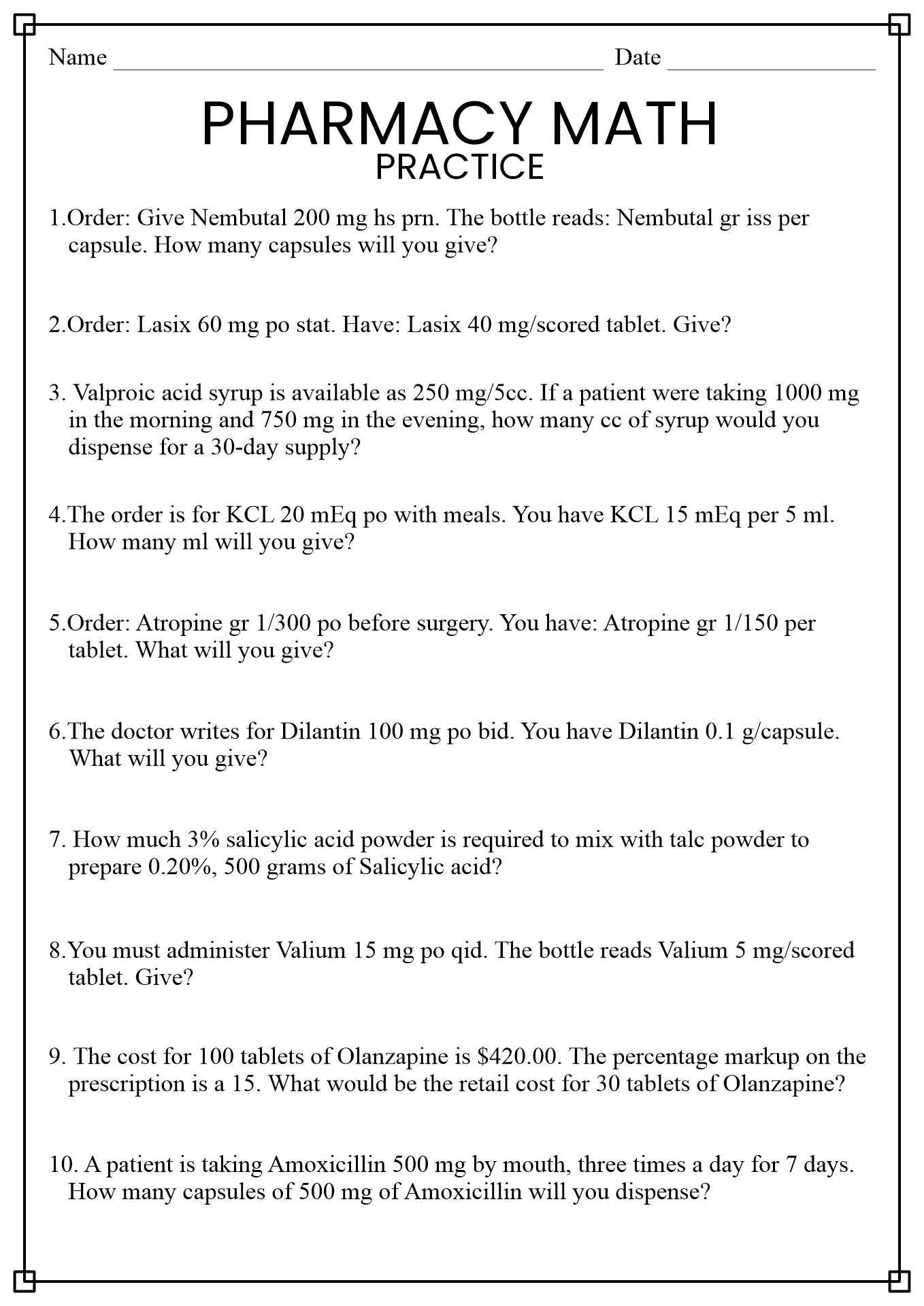 medication math practice worksheets