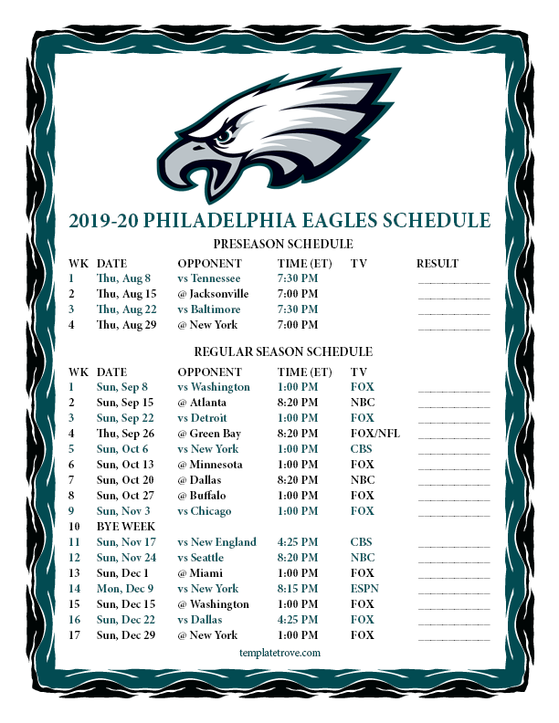 Philadelphia Eagles 2023 Printable Schedule