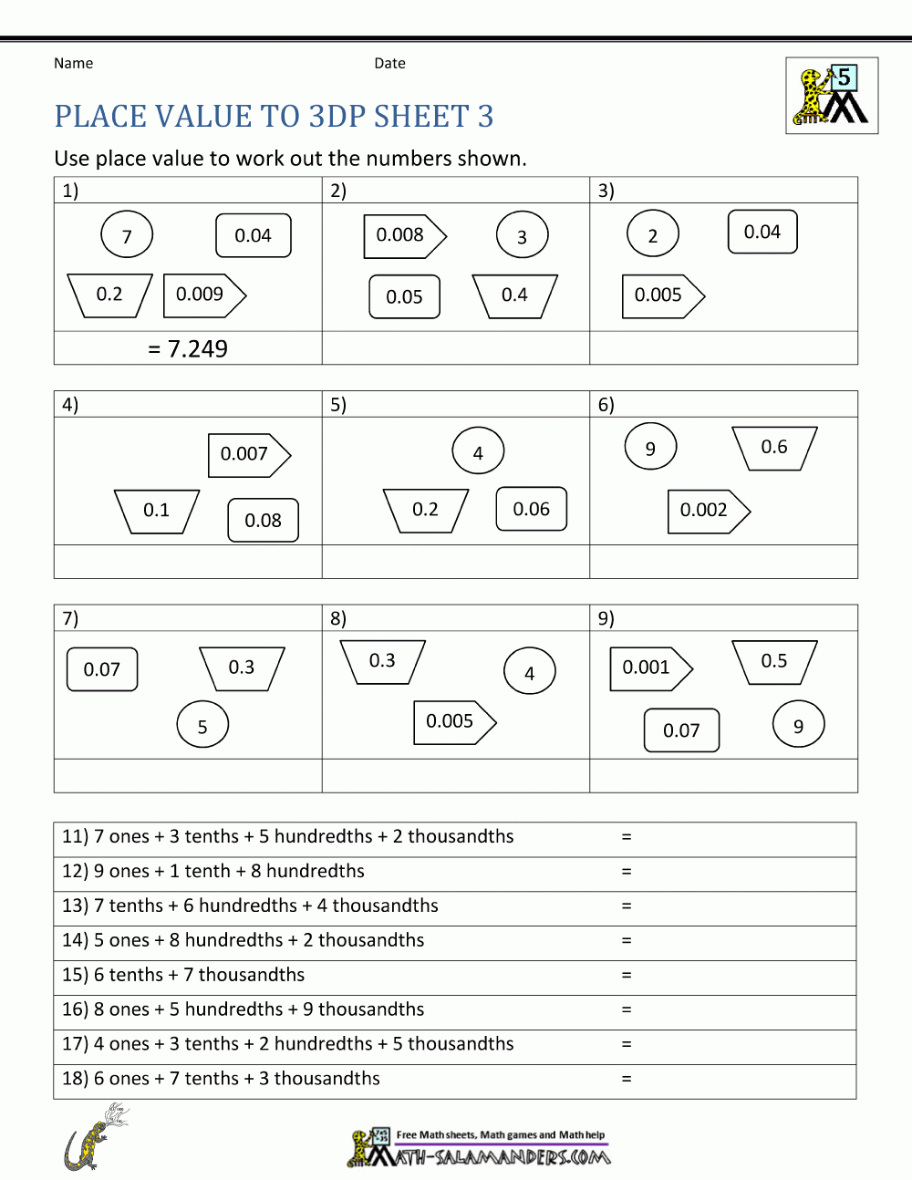 Place Value Chart Printable 5Th Grade