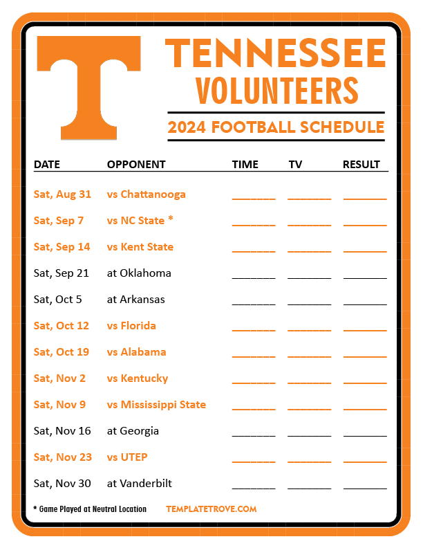 Printable 2024 Tennessee Volunteers Football Schedule