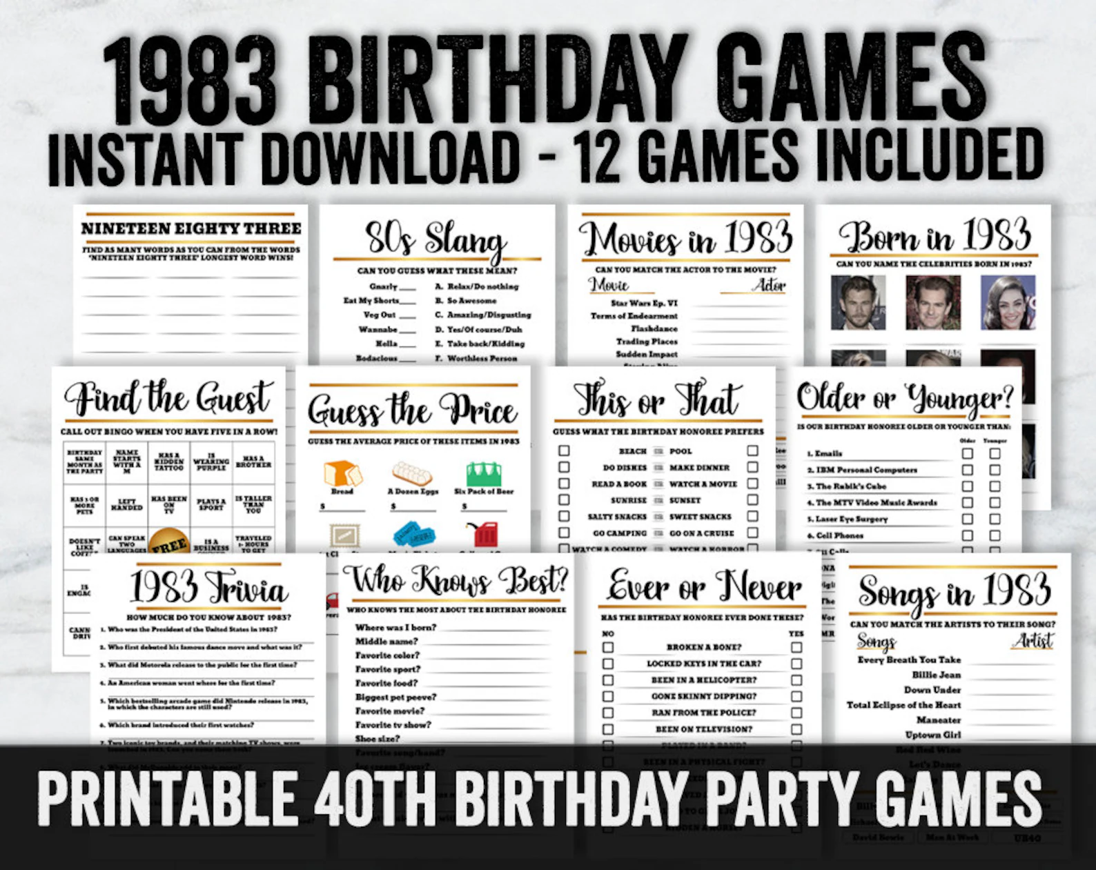 Printable 40th Birthday Party Games Fortieth Party Birthday Etsy