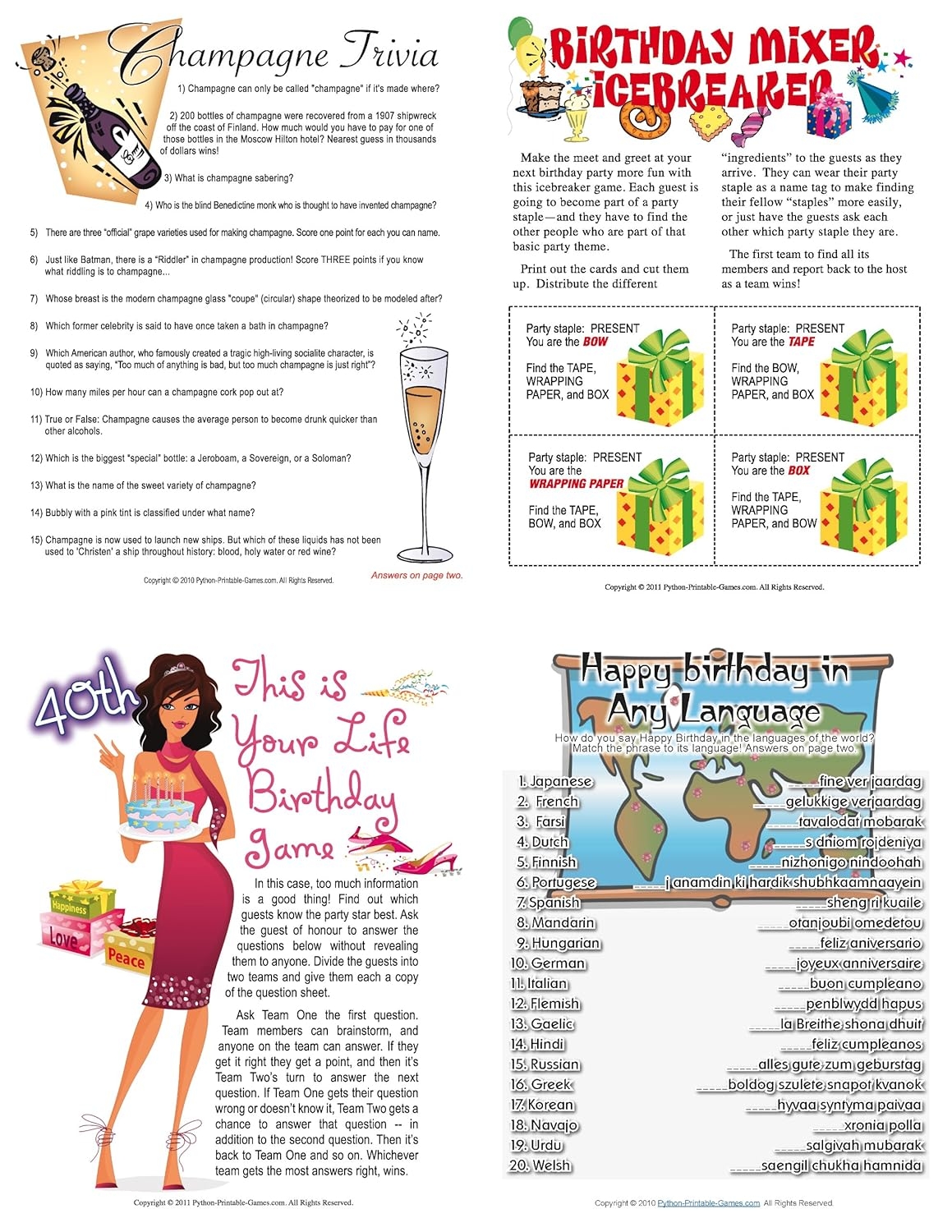 Printable 40th Birthday Party Games Pack Download Printable 