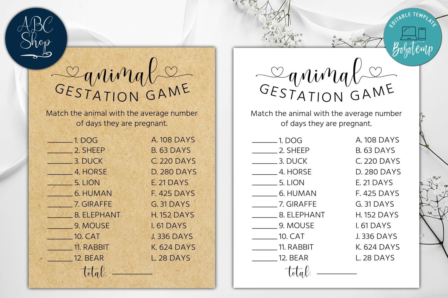 Printable Animal Gestation Game Baby Shower Game Instant Download 