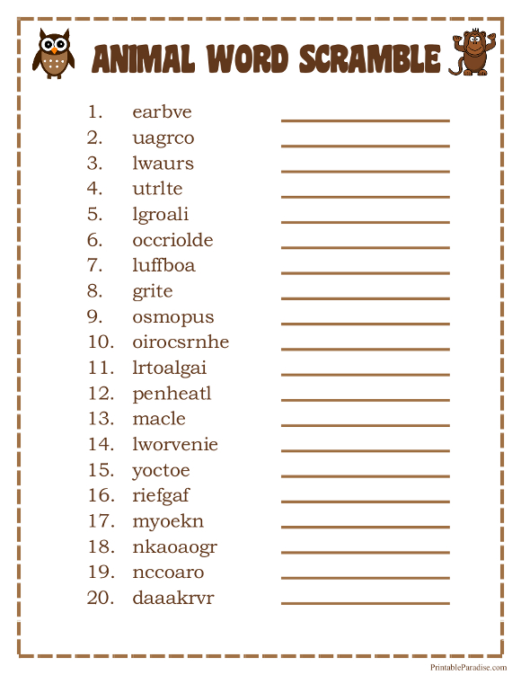 Printable Animals Word Scramble Game