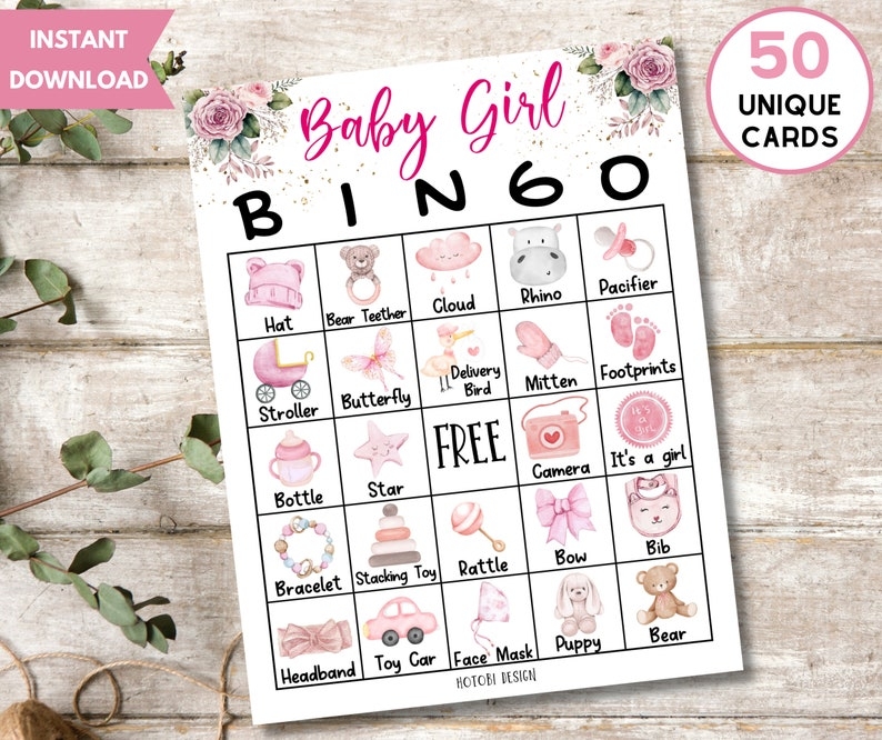 Printable Baby Girl Bingo Game Watercolor Pink Aesthetic 50 Etsy