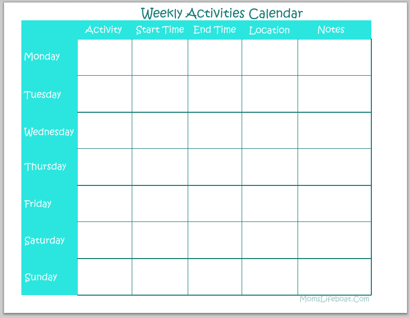 free printable calendar activities