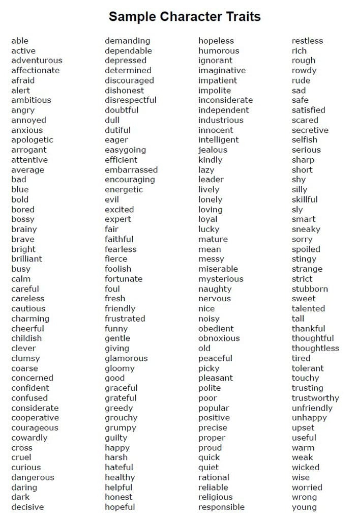 Printable Character Traits List PrintableLib