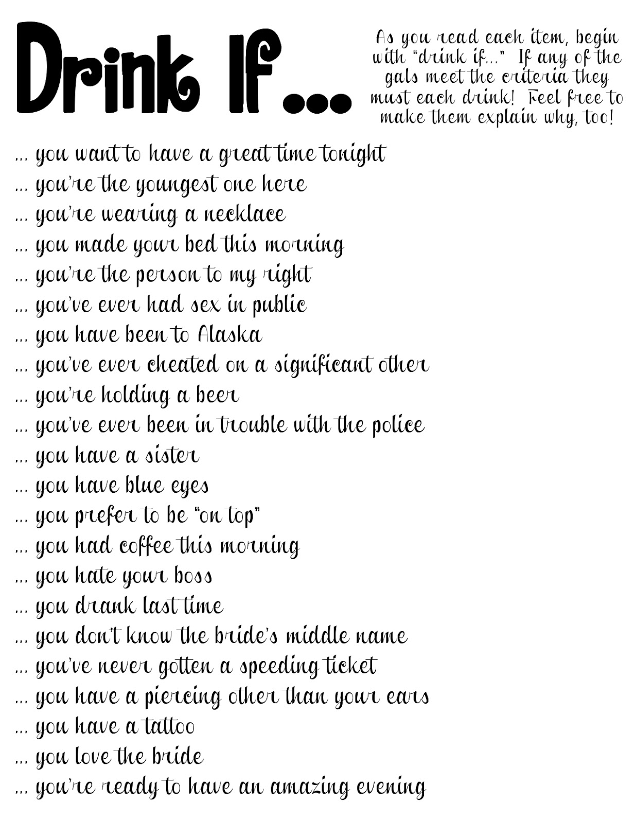 Printable Drinking Games