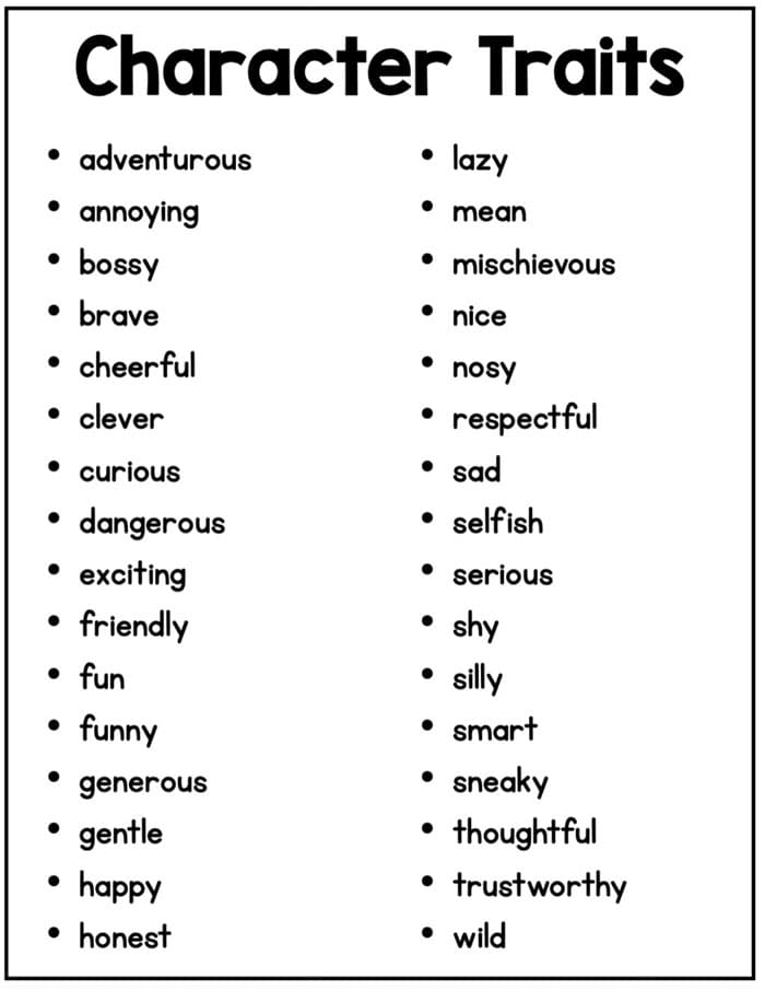 Printable Free Character Traits List Free Download And Print For You 