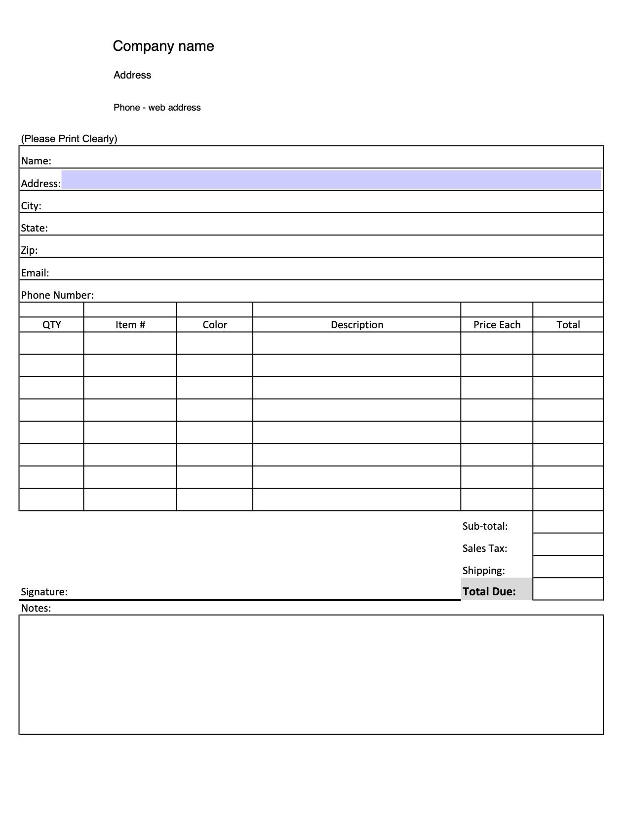 Printable Free Craft Order Form Template Printable Templates