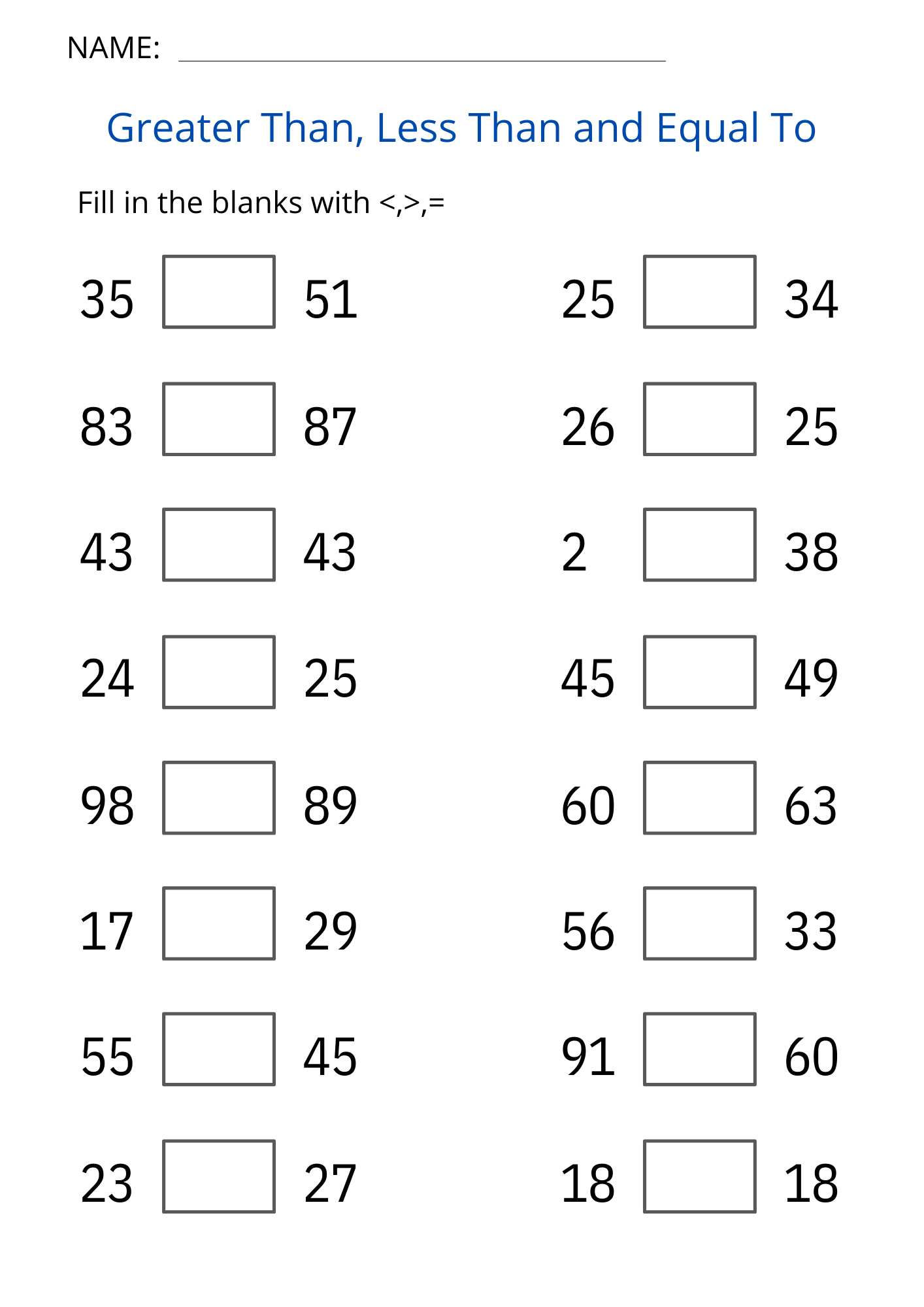 Printable Greater Than Less Than And Equal To Worksheet For Grade 