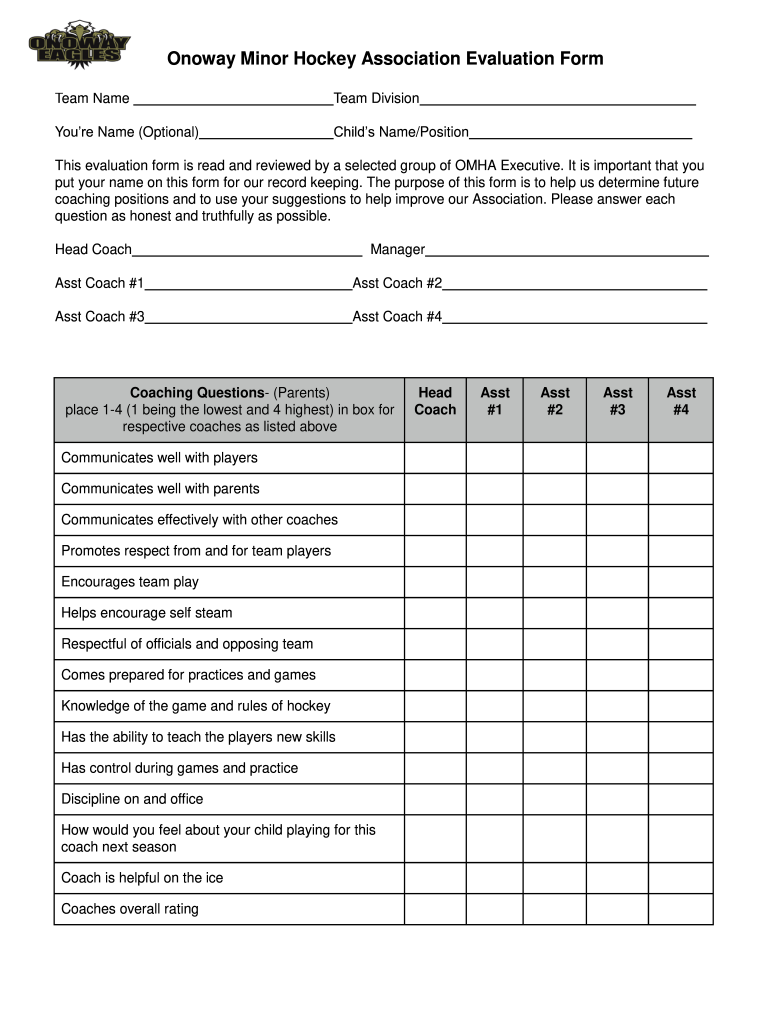Printable Hockey Evaluation Form Printable Forms Free Online