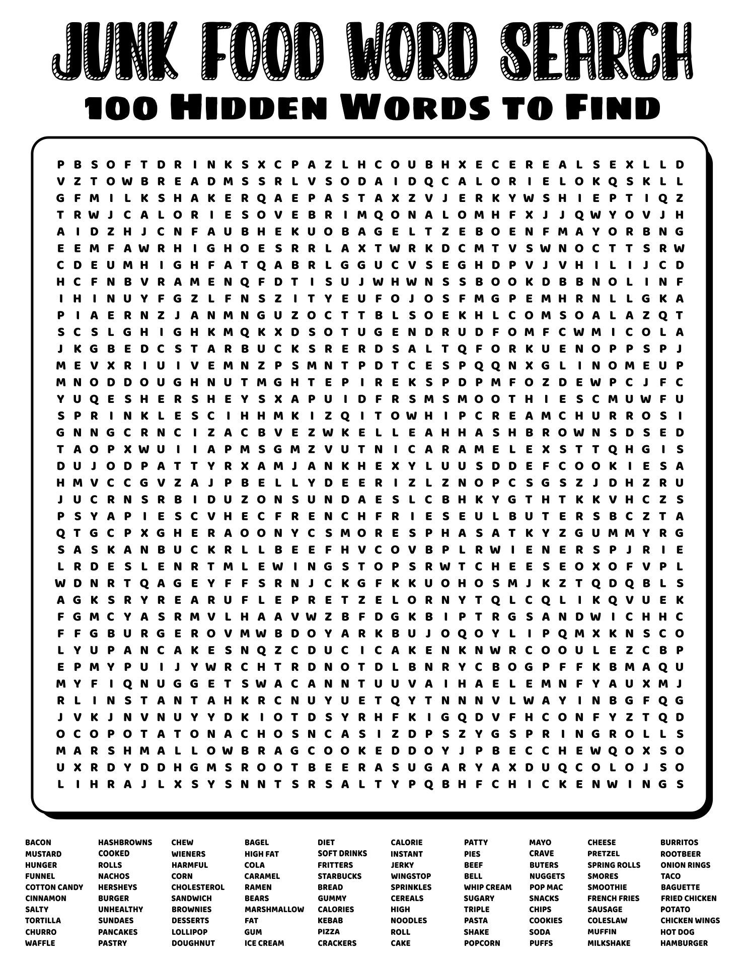 Printable Junk Food Word Search 100 Words Word Seach Free Printable