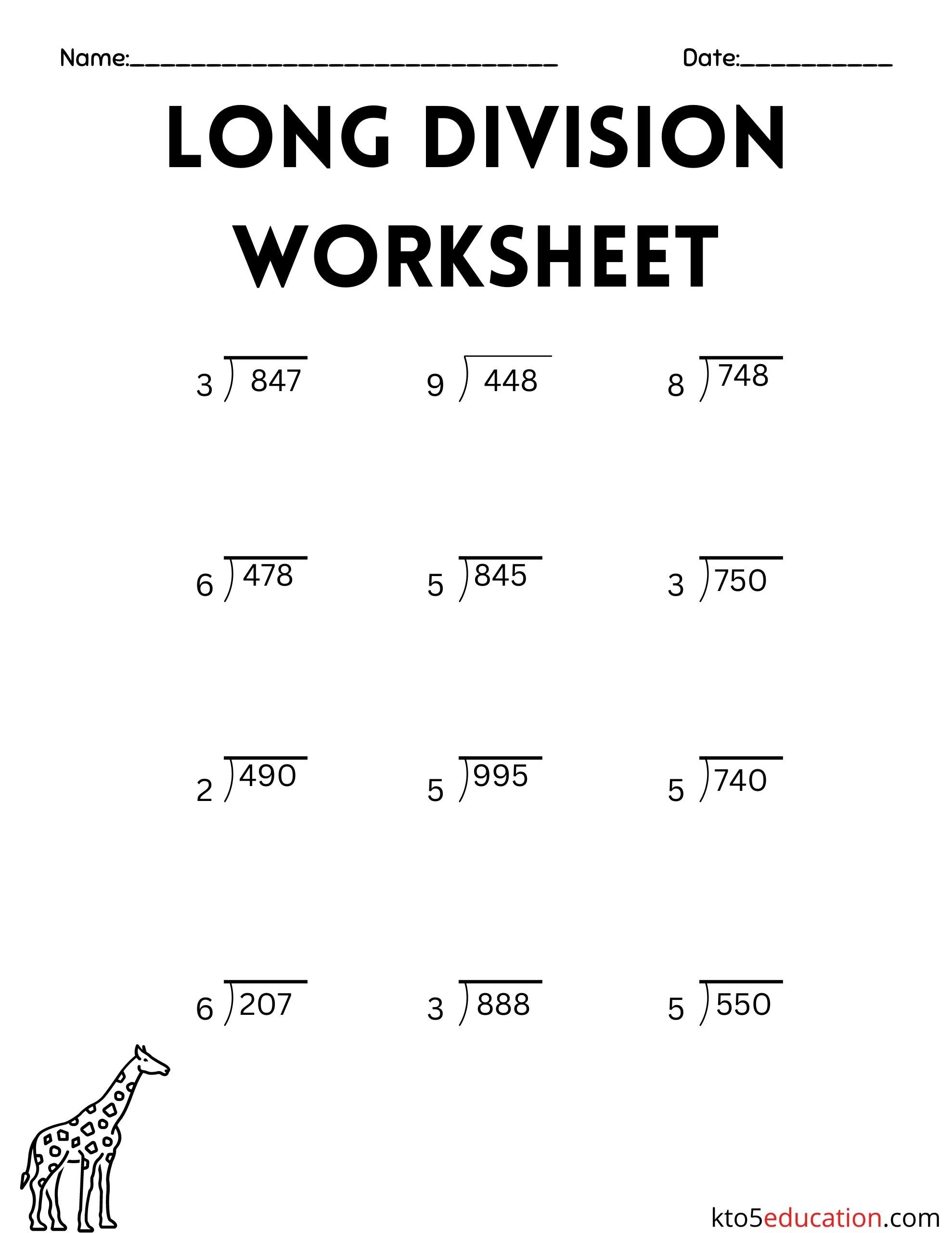long division printable activities