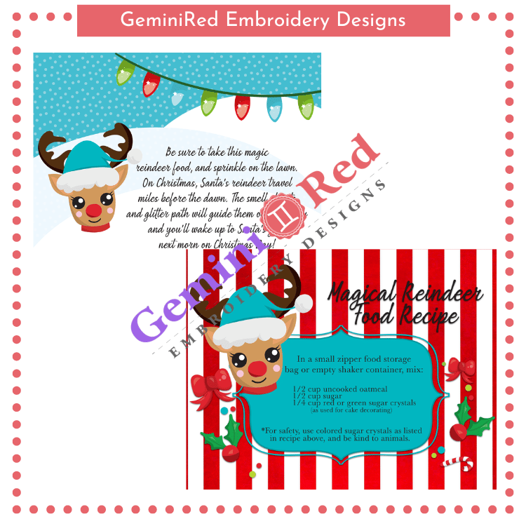 PRINTABLE Magical Reindeer Food Cards GeminiRed Embroidery Designs