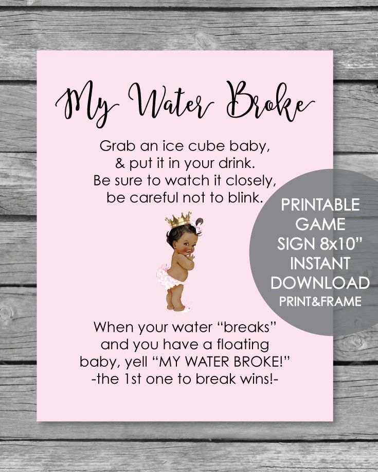 Printable My Water Broke Baby Shower Game African American Girl Pink