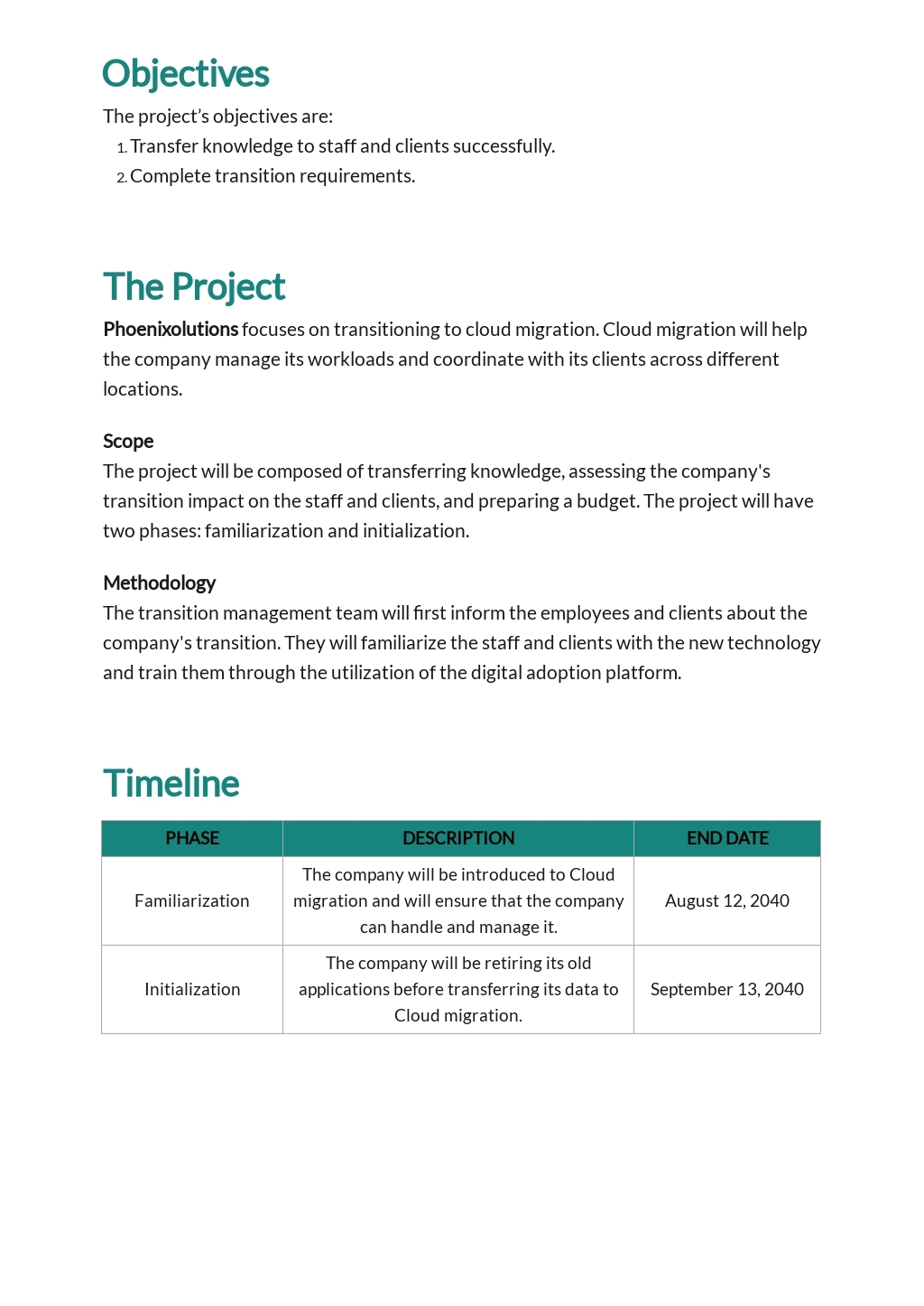 Project Transition Plan Free PDF Word