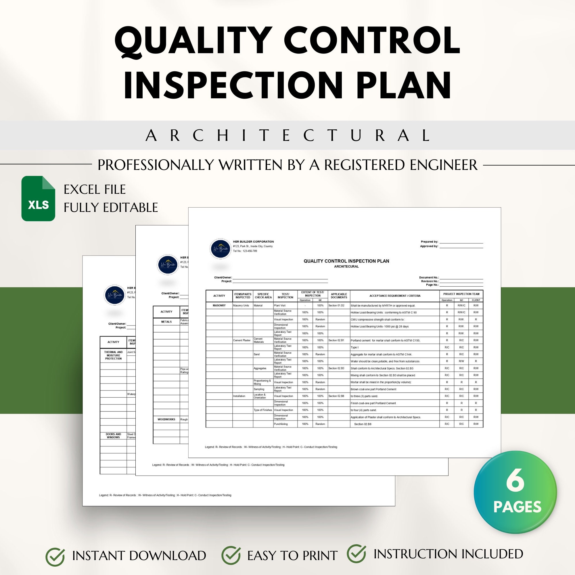 Quality Control Inspection Plan Template For Architectural Works 
