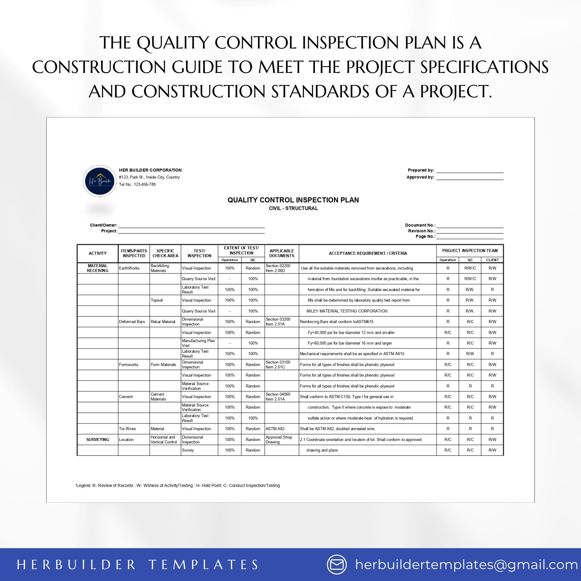 Quality Control Inspection Plan Template For Civil And Structural Works 