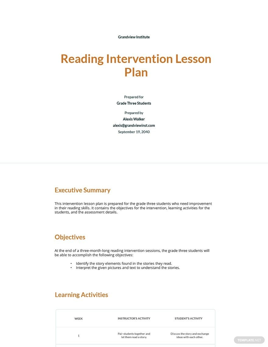 Reading Intervention Plan Template Google Docs Word Apple Pages 