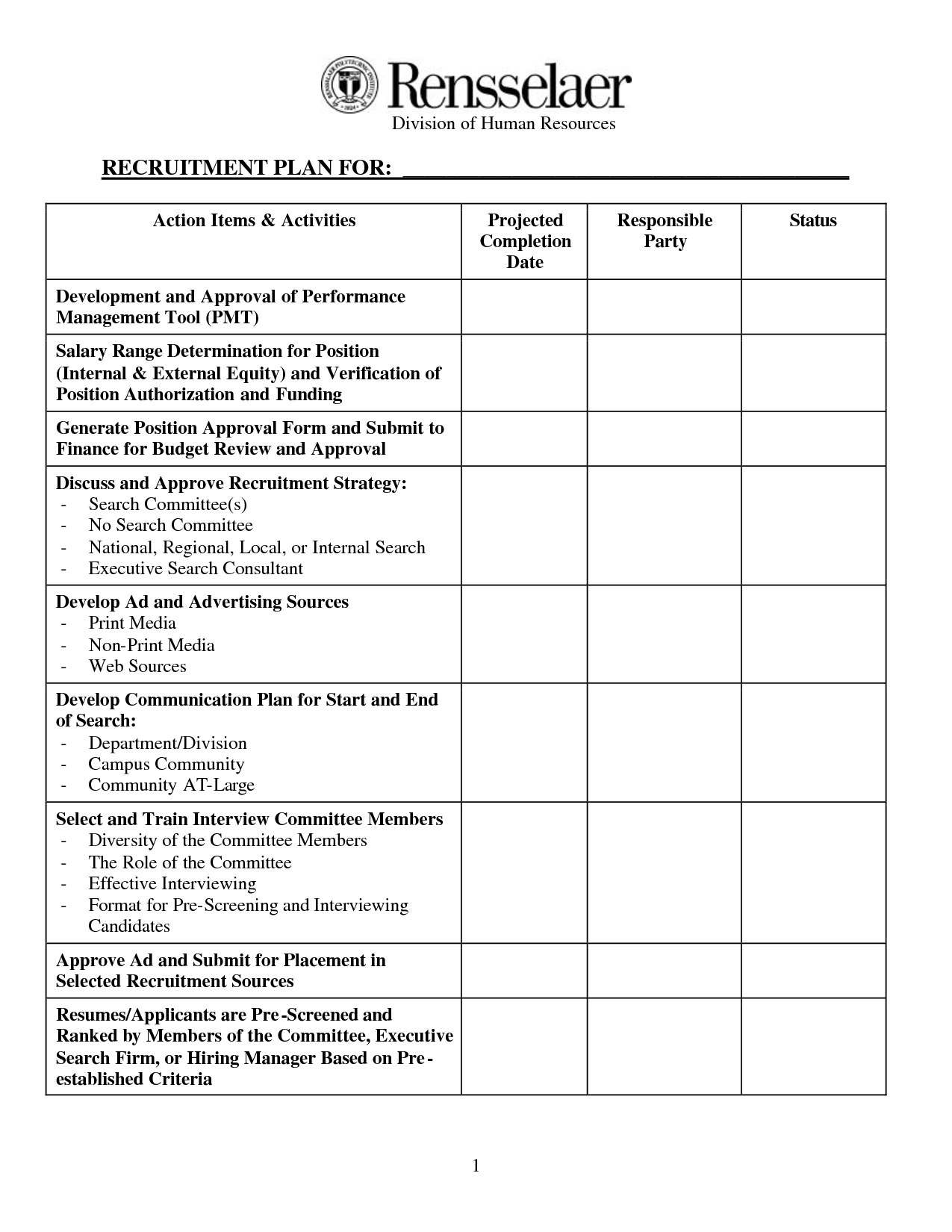 Recruiting Plan Template Content Calendar Template