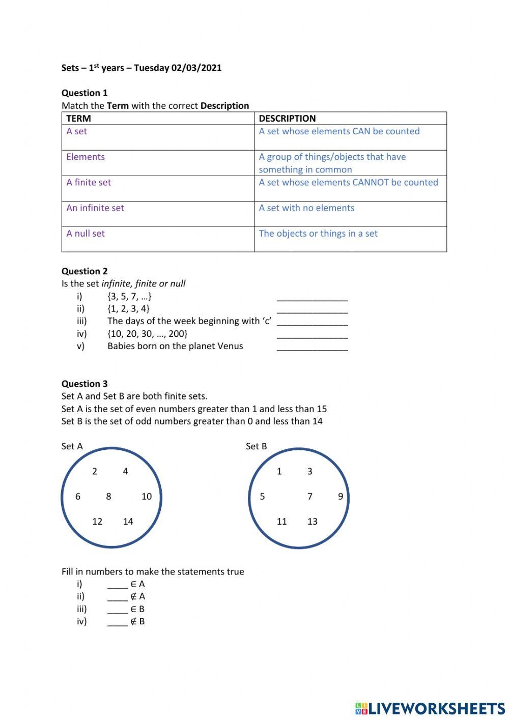 sets math worksheet