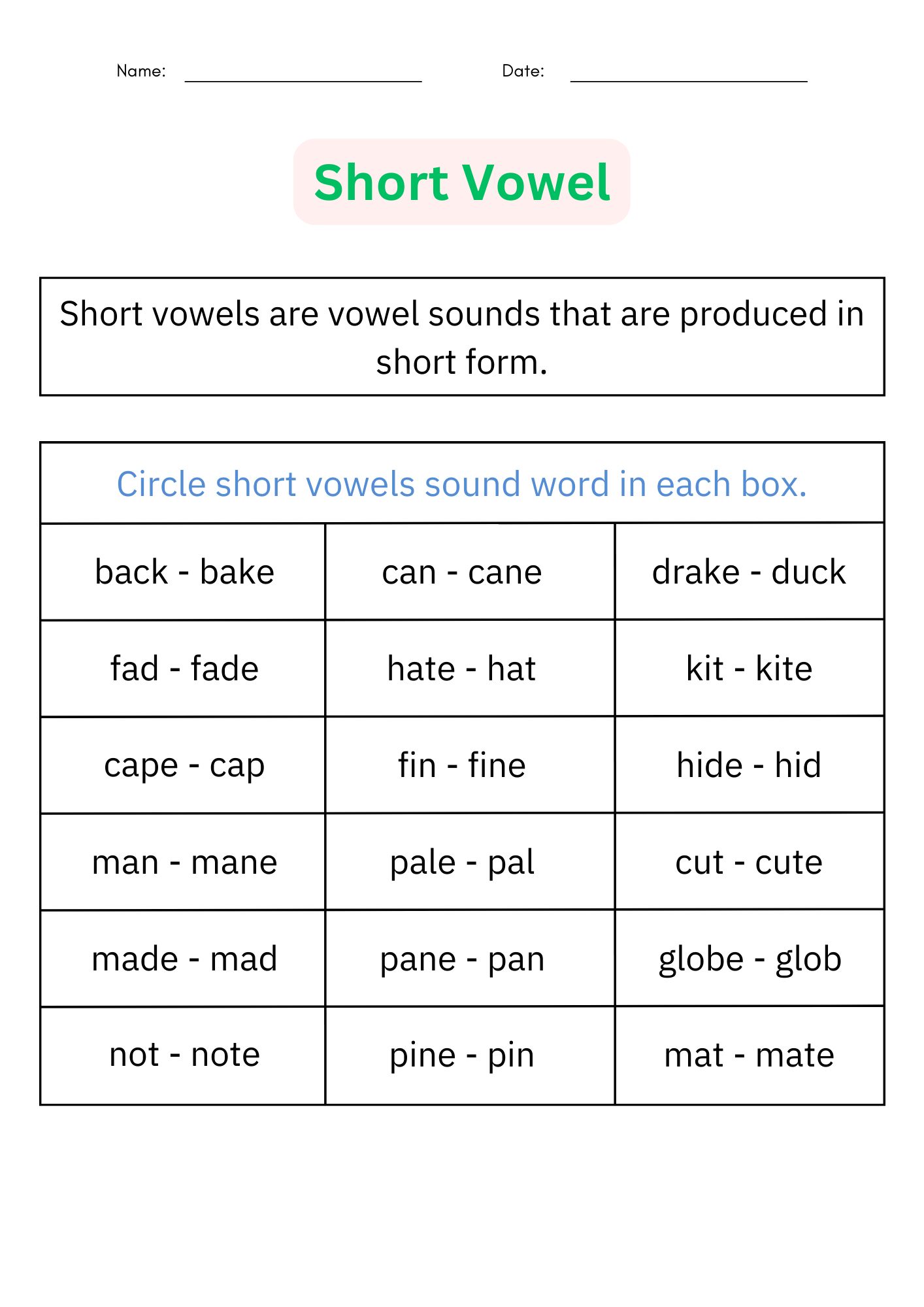 Short Vowel And Long Vowel Worksheets Vowel Sounds Activities For 
