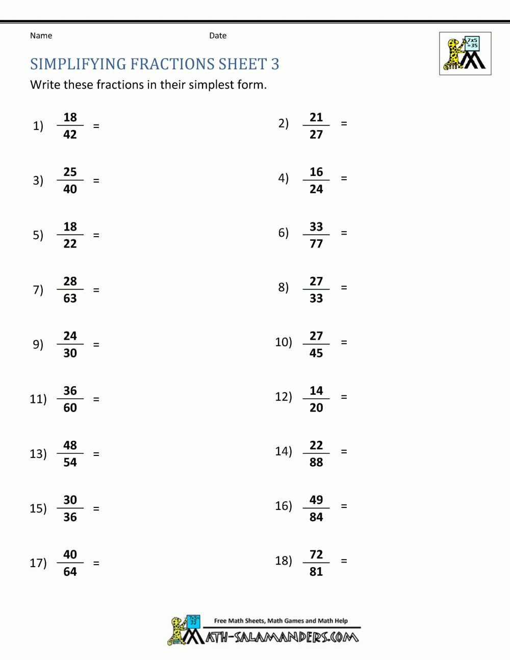 fractions math worksheet