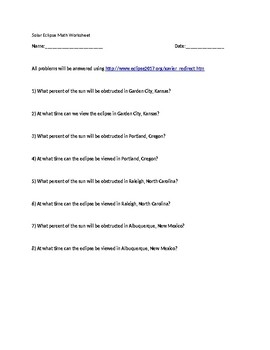 Solar Eclipse Math Worksheet FREE By The Veteran 39 s Classroom TpT