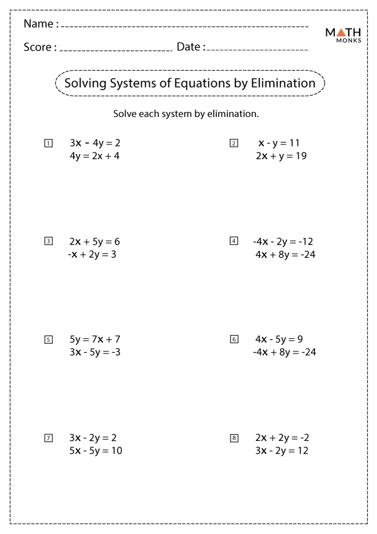 Solving Systems Of Equations By Elimination Worksheets Math Monks
