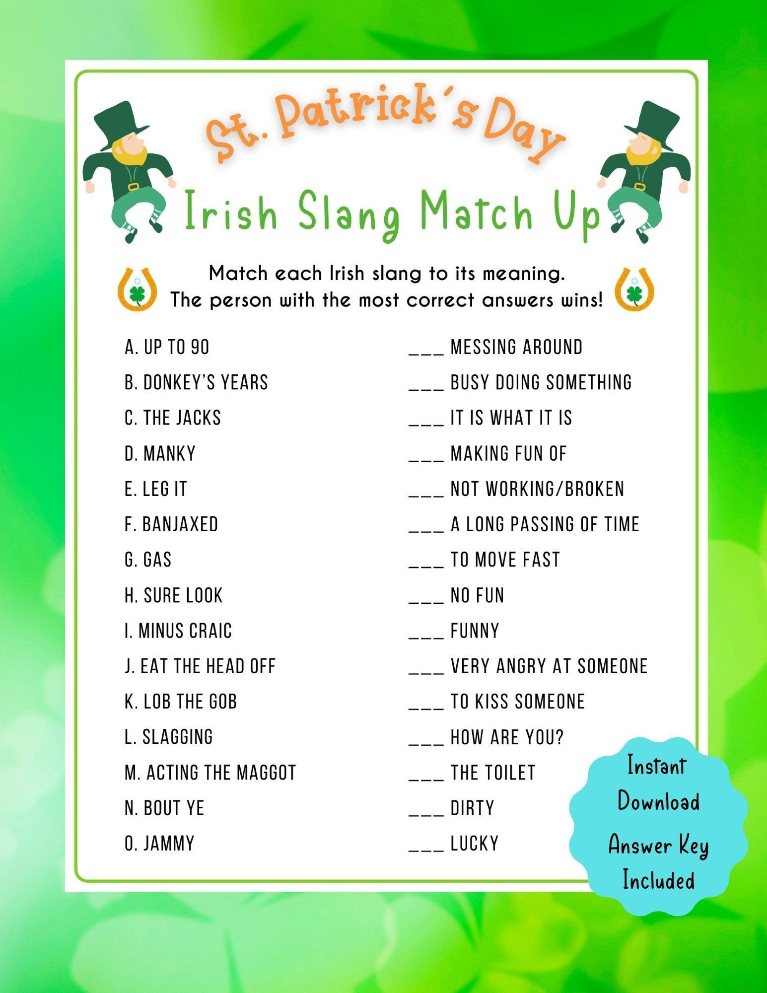St Patrick 39 s Day Irish Slang Match Up St Patrick 39 s Printable Game