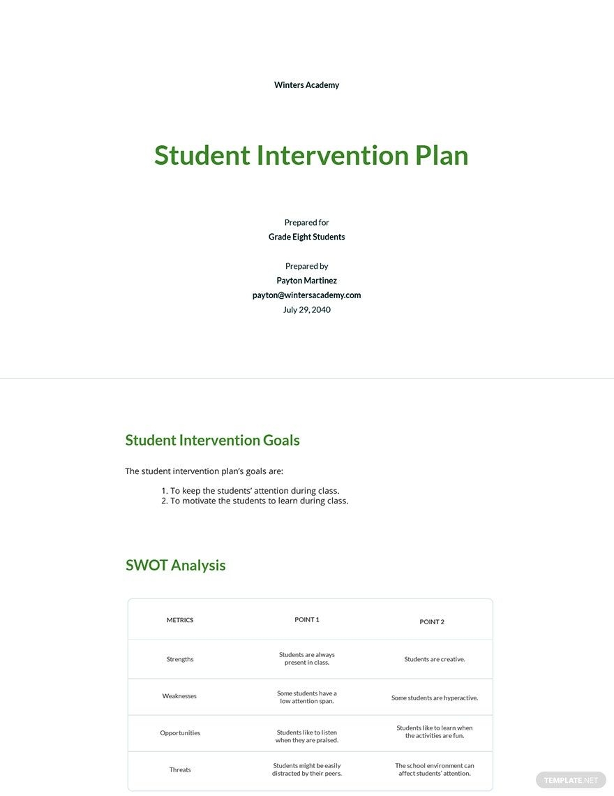 Student Intervention Plan Template Google Docs Word Apple Pages