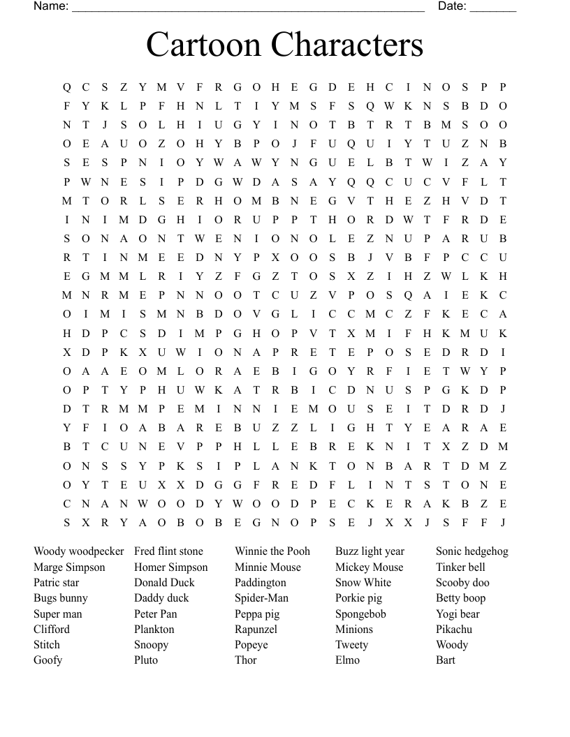 Super Word Search Puzzles Cartoon Characters Printable Infoupdate