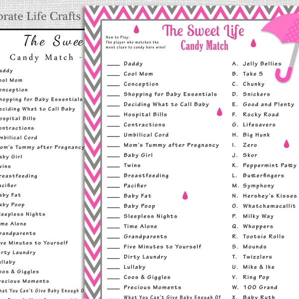 Sweet Life Baby Shower Game Printable Candy Bar Match Etsy