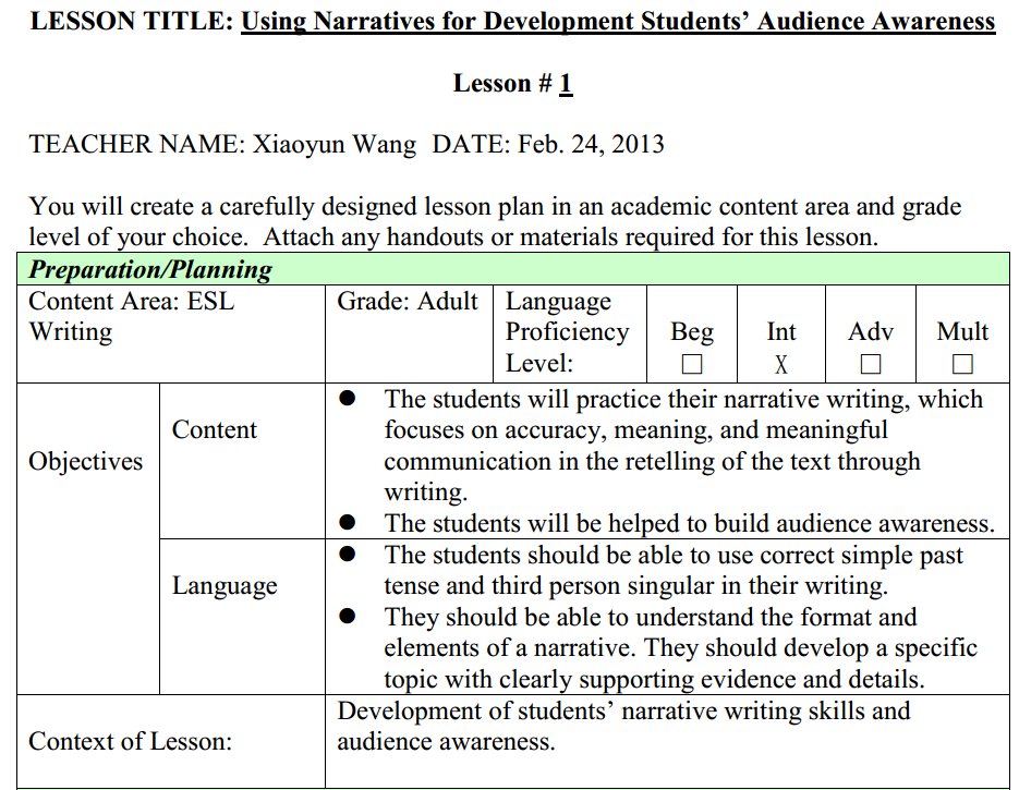 tesol lesson plan template