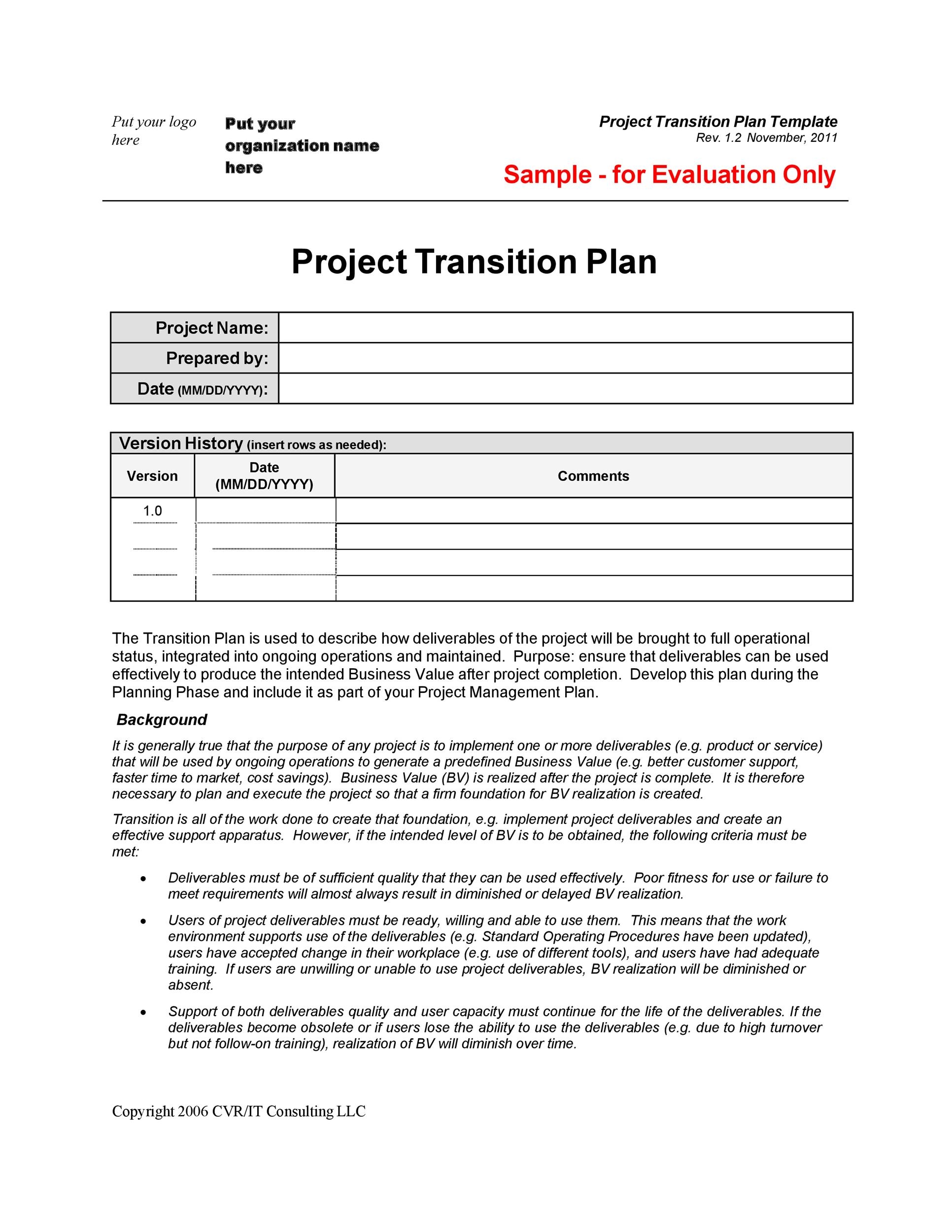 work transition plan template excel